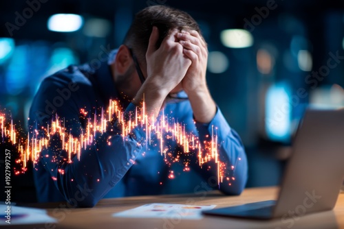 Stressful Investment Visualization with Holographic Trading Graph and Frustrated Businessman