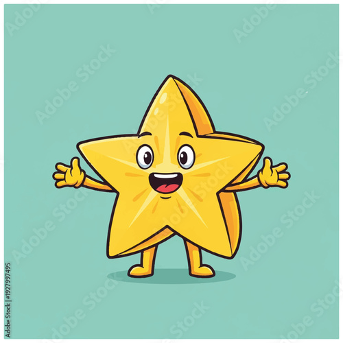 A cheerful cartoon star character with a smiling face and outstretched arms, depicted in a bright yellow color against a light teal background. Perfect for children's books, educational