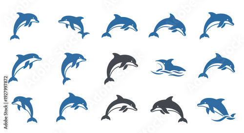 Collection of stylized blue and black dolphins in various dynamic poses.