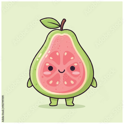 A cartoon pear with a smiling face and a slice cut out to reveal a pink watermelon inside, standing on a pale green background. Perfect for food illustrations, kids' content, and