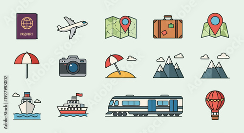 Travel and Tourism Icon Set: Passport Airplane Map Suitcase Camera Beach Mountains Cruise Ship Train Balloon.