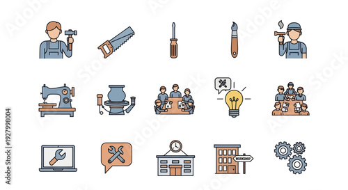 A colorful collection of line art icons representing vocational training skilled trades and craftsmanship.