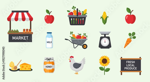 Farmers market icon set with fresh produce food and farm elements like a stall basket and chicken.