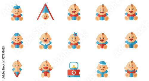 Happy Cartoon Baby Characters Collection with Playful Poses and Accessories.