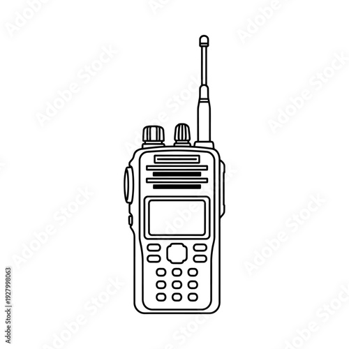 Handheld two way radio with antenna and keypad on white background simple line art style communication device