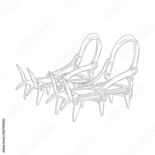 Detailed close up of sturdy crampons with metal spikes and straps on a white background showcasing hiking and mountaineering equipment for adventure sports