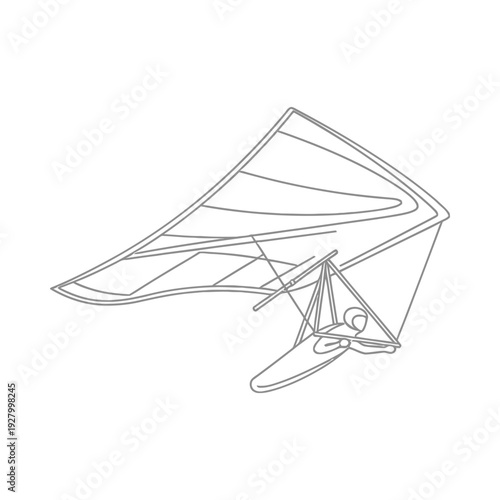 Hang glider soaring through clear skies minimalist line art design black and white sketch style dynamic flight perspective adventure sports theme isolated on white background