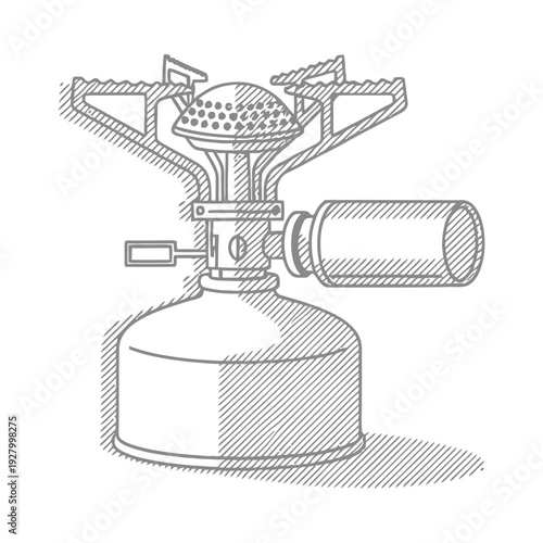 Detailed illustration of a portable camping gas stove with a burner and fuel tank ideal for outdoor cooking and travel