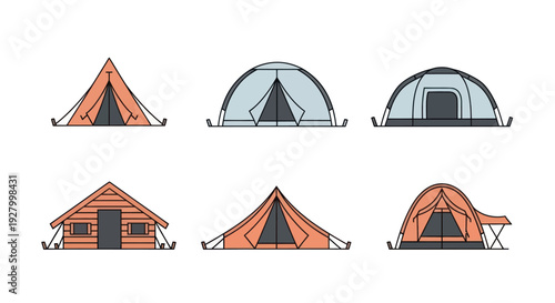 Illustrated set of various camping tents and a wooden log cabin for outdoor recreation.