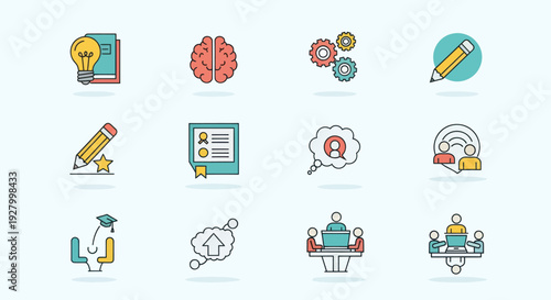 A collection of colorful filled outline icons representing concepts of creativity education business and teamwork.