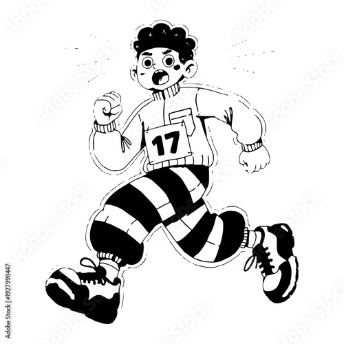 Prisoner runs with excitement in striped uniform