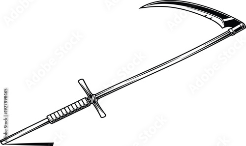 Vintage Monochrome Scythe Illustration Featuring a Sharp Curved Blade and Detailed Handle Grip for Halloween Horror Grim Reaper and Agricultural Design Projects