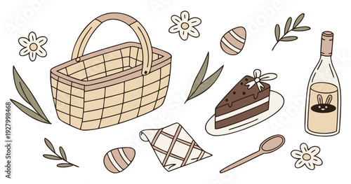 Delicious picnic setup with cake wine and basket outdoors