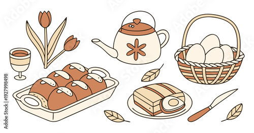 Cozy breakfast setting with bread, eggs, and tea