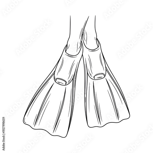 Black and white illustration of a pair of flippers on feet isolated on white background showcasing diving equipment in a minimalist style