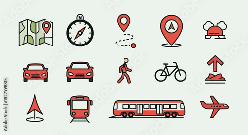 Colorful Travel and Navigation Icons Set with Map Compass Vehicles and Location Pins.