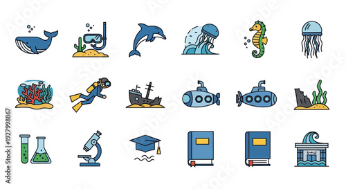 Collection of Underwater and Educational Icons: Whale Diver Submarine Book and More.