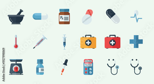 Colorful Flat Design Medical and Pharmaceutical Icons Collection.