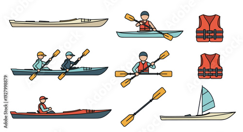 Collection of Kayaks Paddles Life Vests and Sailboat Illustrations.