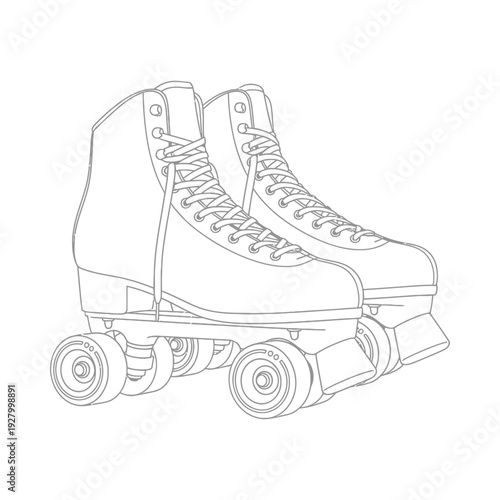 Detailed line drawing of a pair of roller skates with laces and wheels on a white background showcasing a classic design for recreational or competitive use
