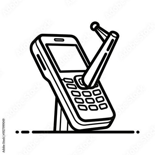 Retro mobile phone with antenna standing on stand simple black and white illustration nostalgic design classic communication device old technology retro style