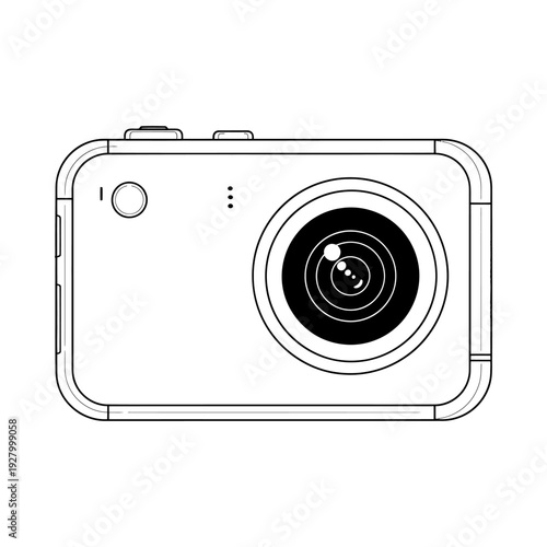Compact digital camera with prominent lens and sleek design isolated on white background for technology and gadget concept