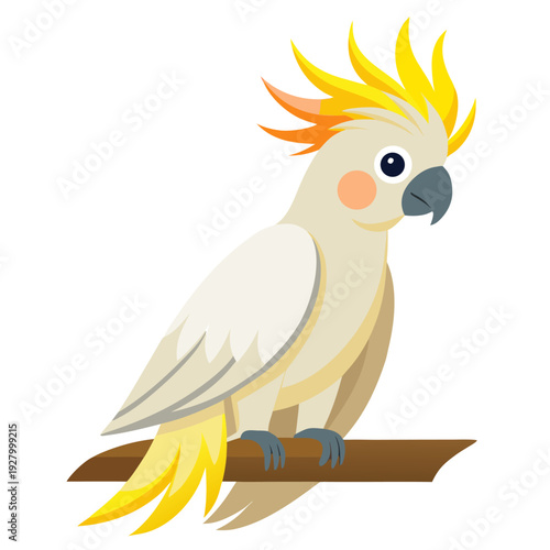 Colorful parrot with vibrant yellow crest perched on branch in cartoon style