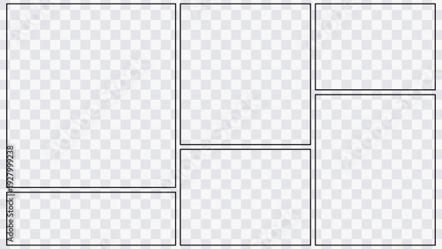 Empty comic page layout for manga, anime or graphic novel scenes. Black outline frames isolated on transparent background. Manga storyboard template with dynamic comic panels.