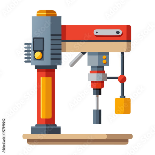 Colorful bench drill machine illustration with modern design elements for carpentry and workshop settings