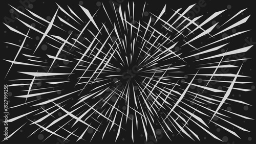 Abstract radial burst with sharp dynamic lines on dark background. High contrast monochrome vector illustration inspired by manga action effects. Energy explosion concept isolated for design use.