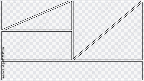 Empty storyboard template for anime or graphic novel page. Black outline panels isolated on transparent background. Dynamic manga panel layout with diagonal comic frames.
