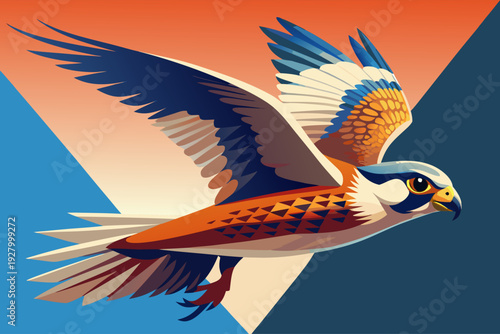 Vibrant geometric illustration of a colorful falcon in flight with bold patterns and gradient background design