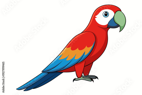 Colorful cartoon parrot with vivid red, blue, and yellow plumage perched gracefully on branch, featuring bold outlines and expressive eyes