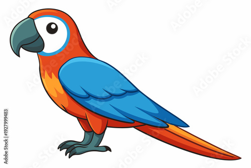 Colorful cartoon macaw parrot with vibrant plumage and bright beak on white background for children’s illustration