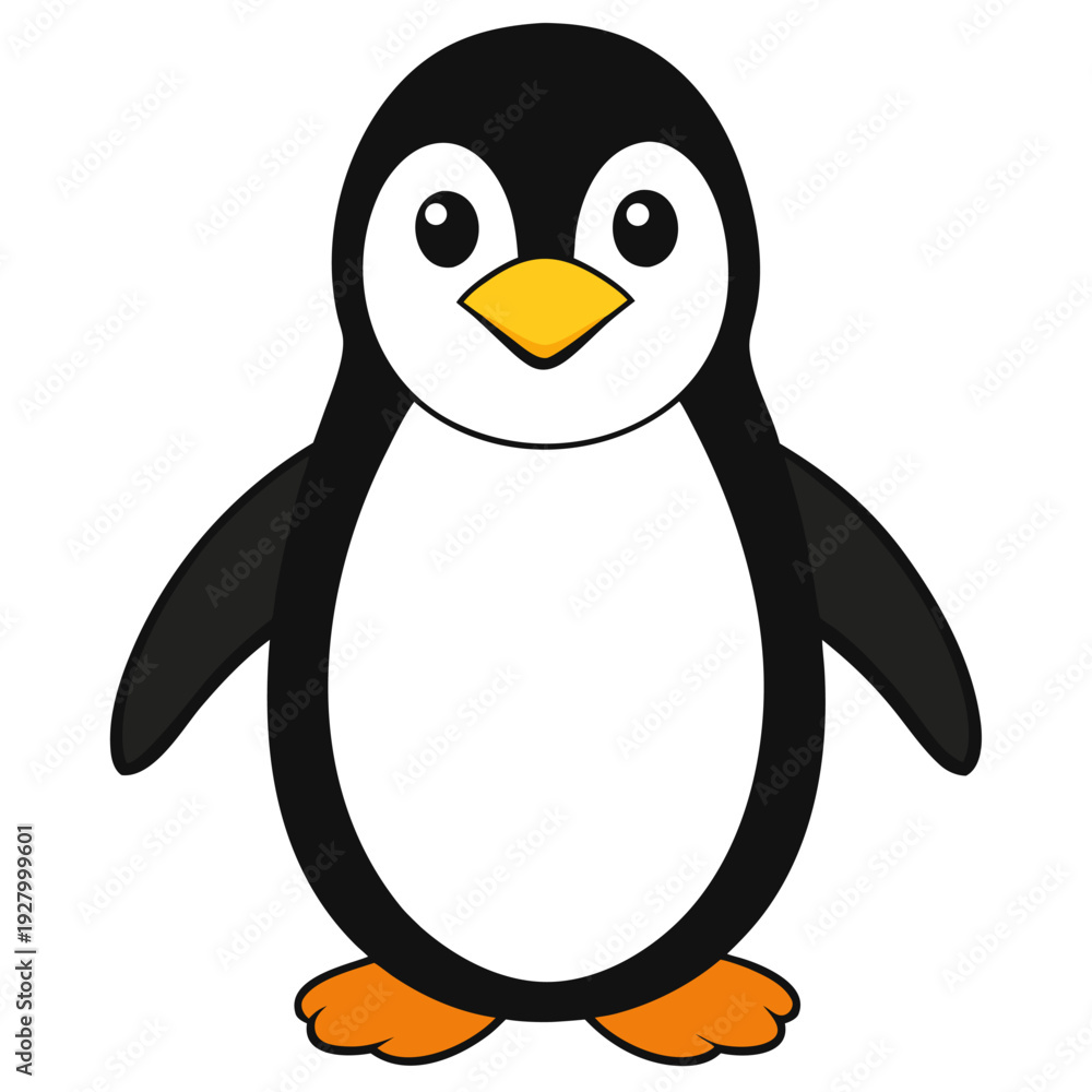 Obraz premium Cute cartoon penguin with orange beak and flippers on white background