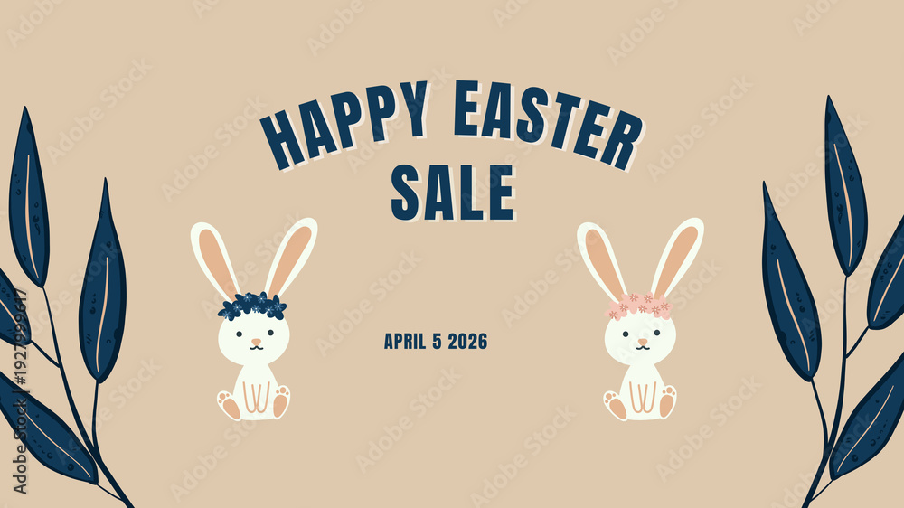 Fototapeta premium Happy Easter Sale Banner with Cute Bunnies and Floral Design