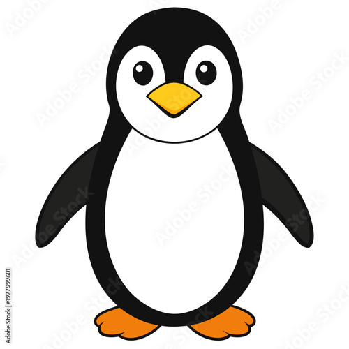 Cute cartoon penguin with orange beak and flippers on white background