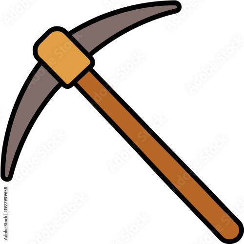 Brown and gray pickaxe icon with steel head and wooden handle on transparent background for tool and mining illustrations