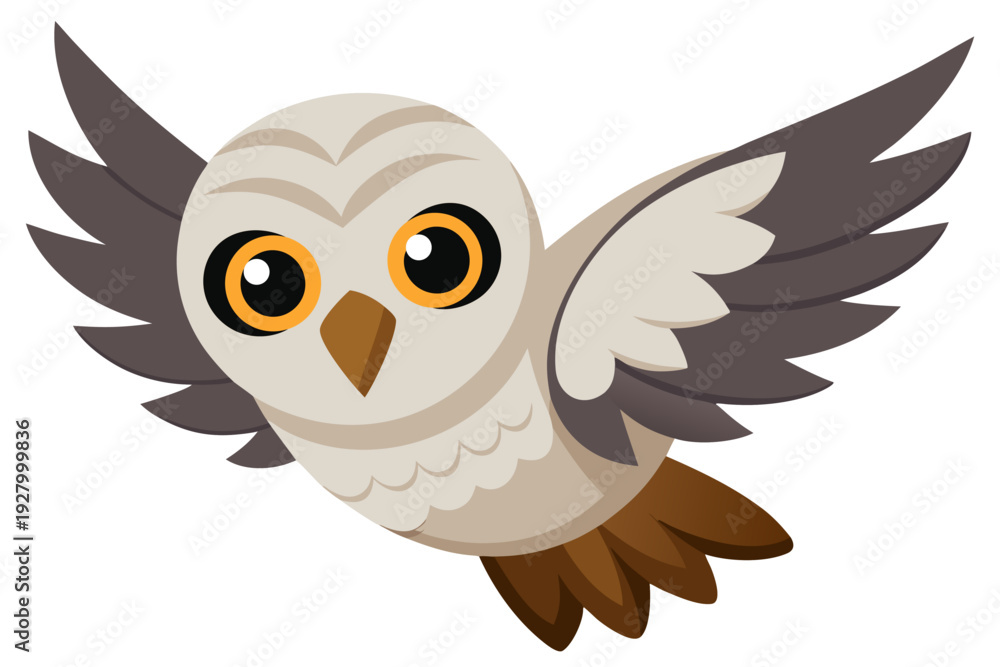 Fototapeta premium Colorful cartoon owl with bright eyes and outstretched wings in flight against a white background