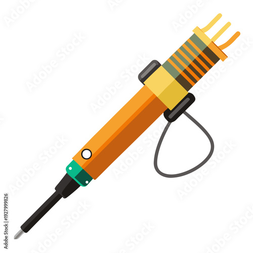 Detailed digital drawing of a soldering iron with cord and vivid orange handle featuring black and green accents