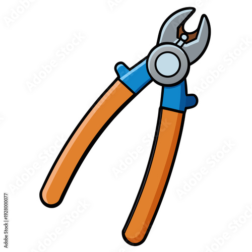Colorful cartoon wire cutters with orange handles and blue joints in a simplified, stylized illustration with bold outlines and a clean design
