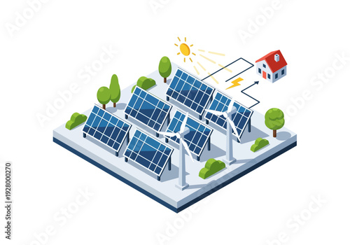 Sustainable energy production with solar panels and wind turbines powering a residential house