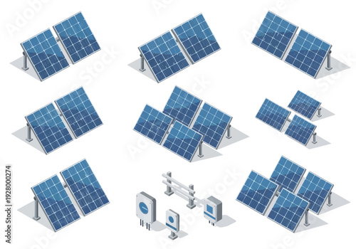 Set of isometric solar panels and energy equipment for sustainable electricity generation, renewable power system components