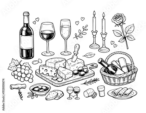 Set of hand drawn wine icons and illustrations