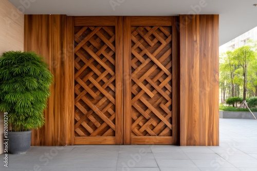 Traditional Carved Wooden Gate Door Inspired by East Asian Design and Architecture