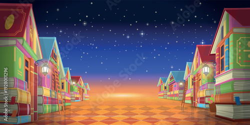 Colorful book houses forming fantasy library street under starry sky with empty center space for text. Online education and knowledge concept. Vector background illustration.