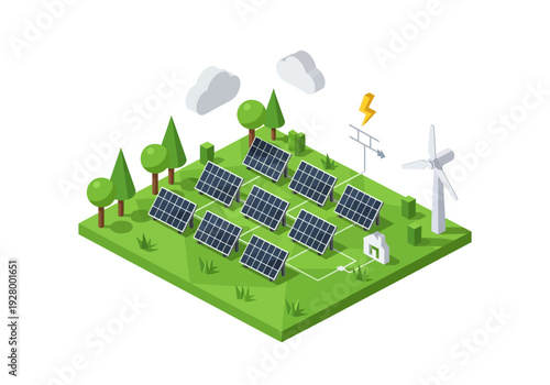 Sustainable energy source from solar panels and wind turbine in a green field