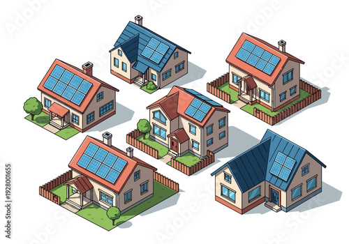 Illustrative isometric view of six residential houses with solar panels on their roofs, depicting sustainable energy solutions for homes