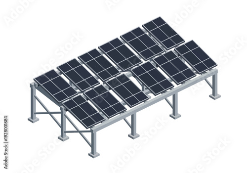 Array of solar panels mounted on a tilted metal structure, symbolizing renewable energy and sustainable power generation for homes and businesses