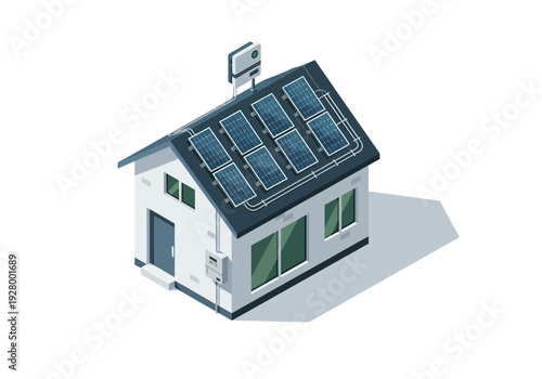 Isometric illustration of a house with solar panels on the roof, representing renewable energy and sustainable living